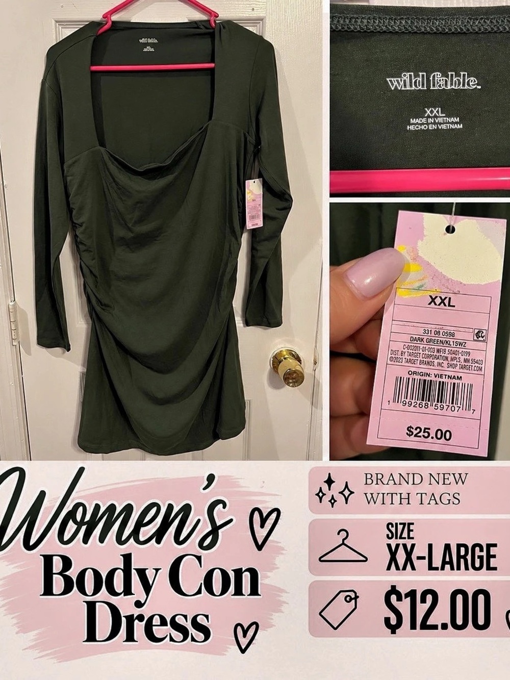 Wild Fable Long Sleeve Square Neck Ruched Bodycon Mini Dress XXL